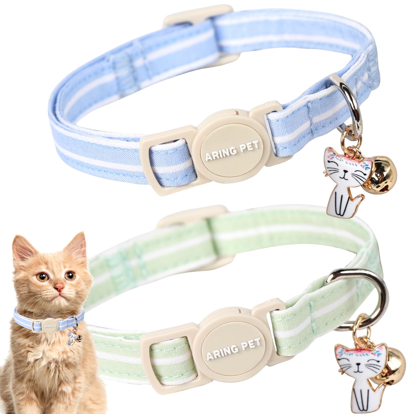 Photo 1 of ARING PET 2 Pack Cat Collar-Cute Cotton Cat Collar Breakaway with Bell & Pendant, Adjustable Blue Green Striped Kitten Collars with Safety Buckle for Girl and Boy Pets