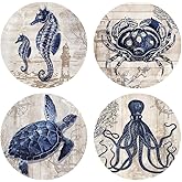 Absorbent Coasters Natural Ceramic Thirsty Stone Navy Blue Octopus Seahorse Crab Turtle Ocean Theme Coaster Set for Drinks Cork Backing (sea Animals)…