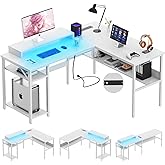 Unikito Reversible L Shaped Computer Desk with Power Outlets and Monitor Stand, Sturdy Corner Desk with RGB LED Light and Storage Shelves, Modern Work Desk for Home Office, Easy to Assemble, White