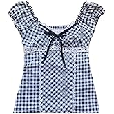 Women Y2K Summer Tops Short Sleeve Lace Up V Neck Shirt Fairy Grunge Vinatge E-Girls Aesthetic Tops