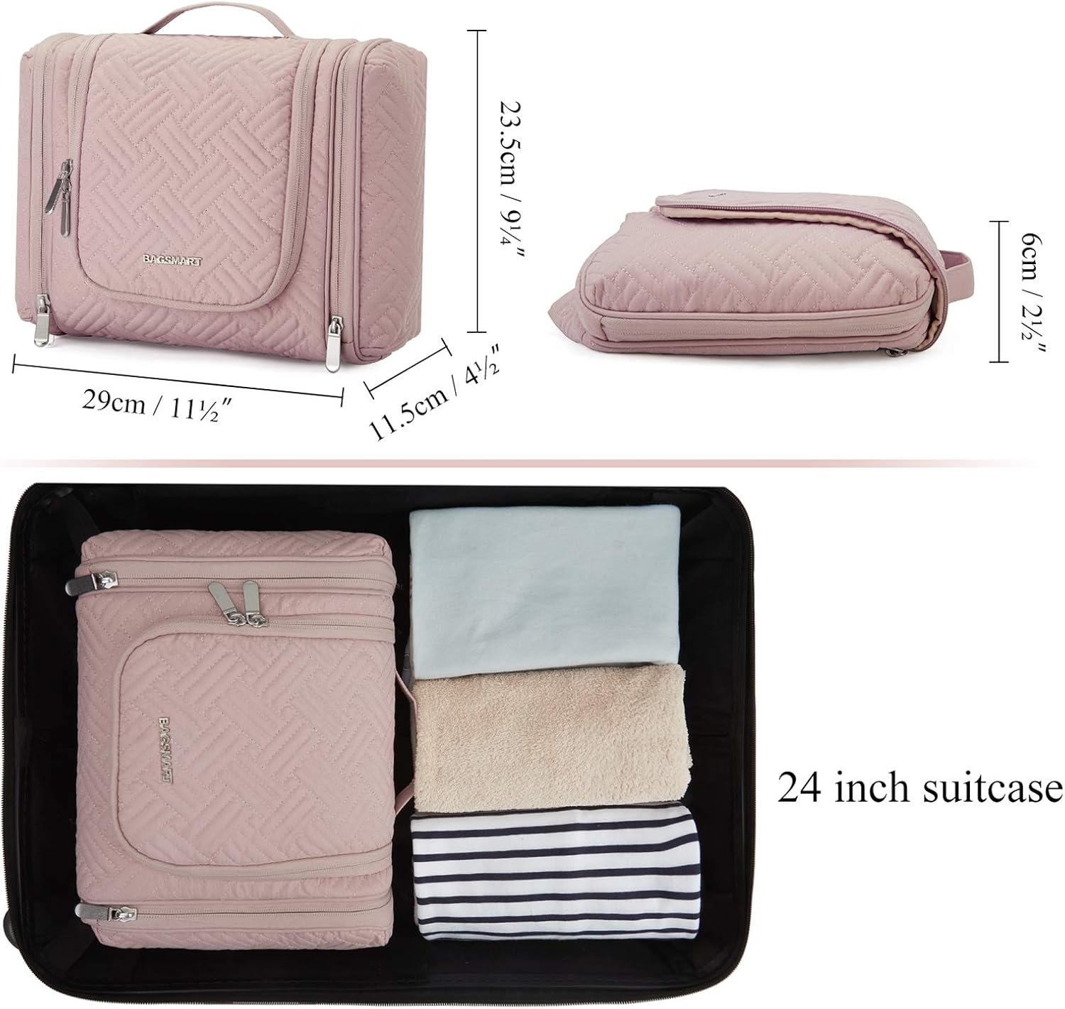 Toiletry Bag, BAGSMART Travel Toiletry Organizer with hanging hook, Water-resistant Cosmetic Makeup Bag Travel Organizer for Shampoo, Full Sized Container, Toiletries, Pink