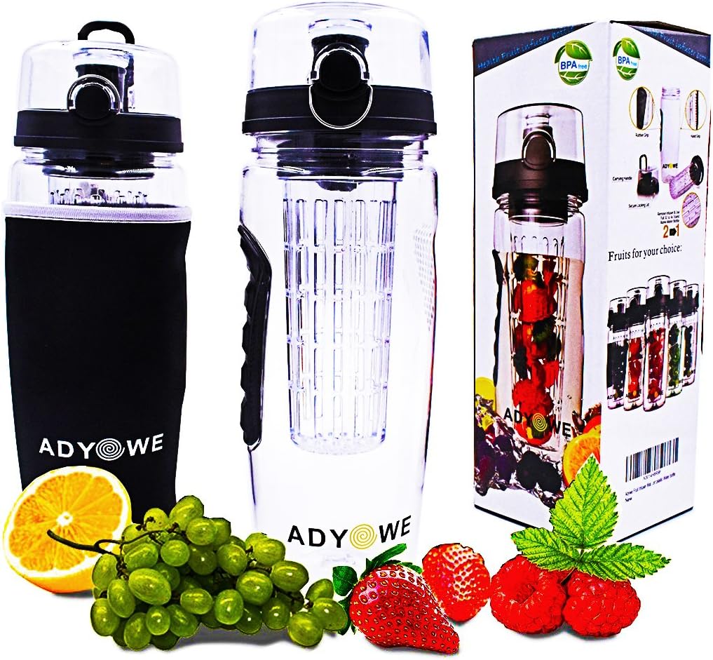 Adywe Fruit Infuser Water Bottle and Insulating Sleeve, 32 Oz, Durable, Eco-Friendly Tritan, for sport plastic Water bottle(black)