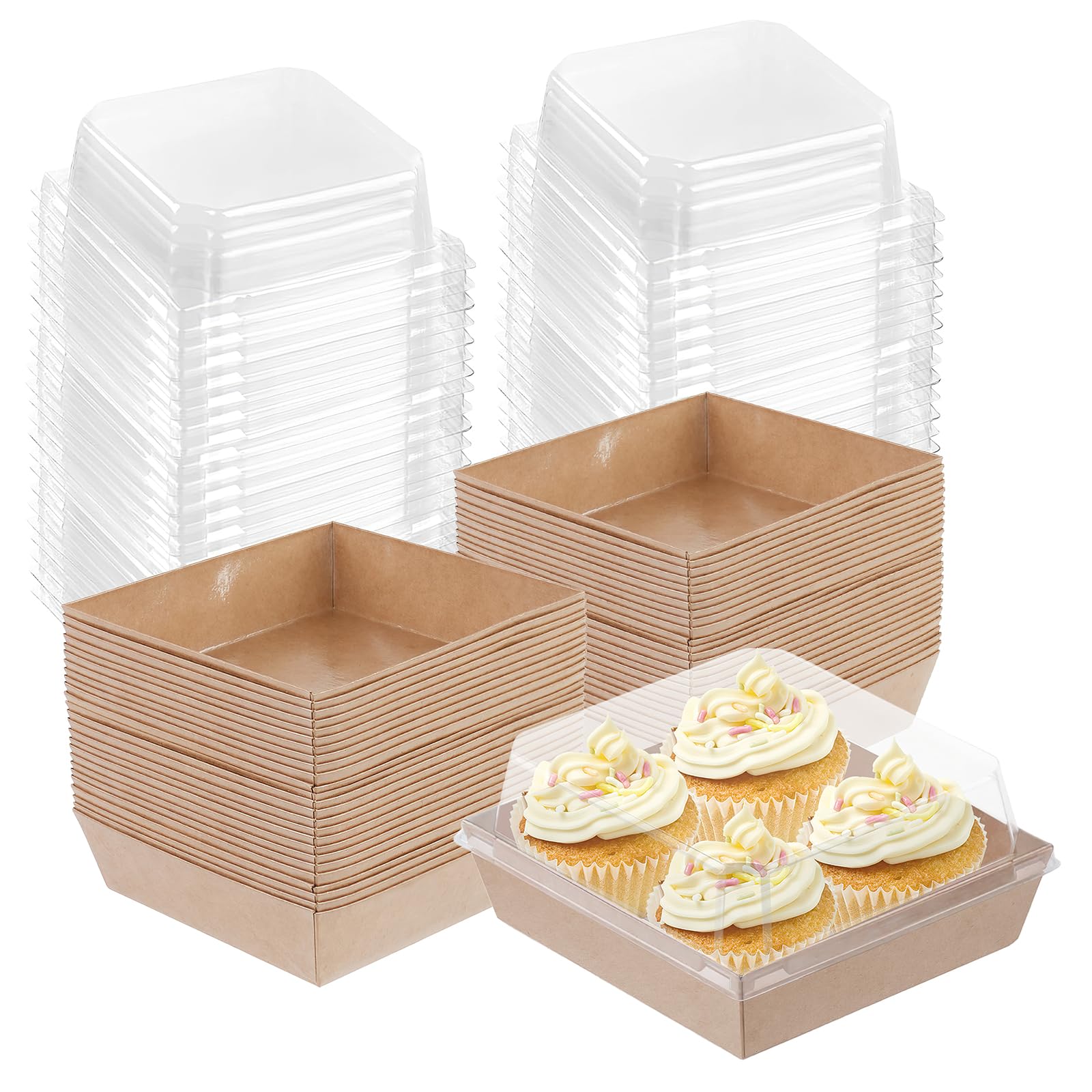 Photo 1 of 100 Pack Charcuterie Boxes with Clear Lids,5.5"×4.9"×2.4" Disposable Square Food Containers,Dessert Boxes,Paper Bakery Boxes with Cover for Sandwich, Cookies, Sushi, Cake Slice, Strawberries (brown)