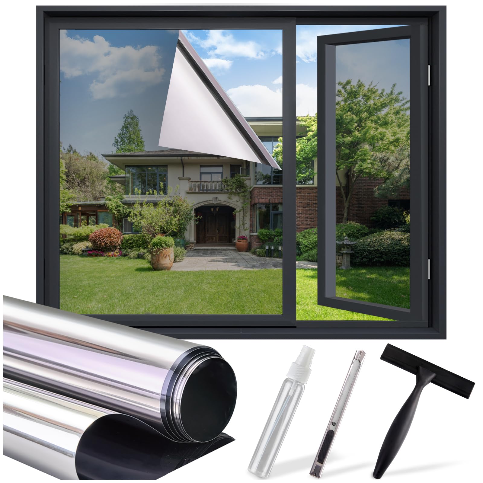 Photo 1 of One Way Window Privacy Film, Home Window Tint Reflective Window Film See Out Not in Sun Blocking Anti UV Mirror Window Clings Daytime Privacy Door Covering with 3 Tools, Silver, 35.4 * 157.5 Inch