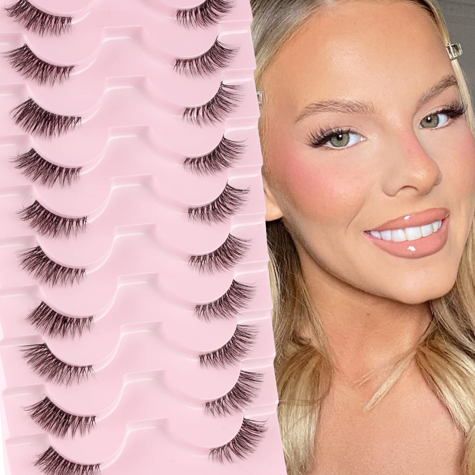 Glowingwin False Eyelashes Half Lashes Natural Look with Clear Band Cat Eye Lashes 10 Pairs Wispy Corner Lashes Reusable 3/4 Transparent Fake Lashes Handmade Soft Strip Lashes Mink Fluffy Eyelashes