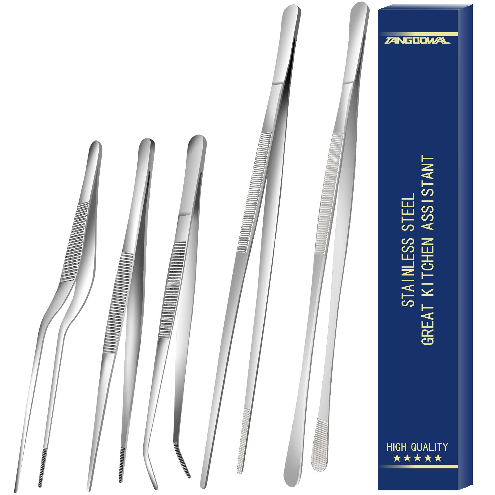 Photo 1 of 5 Pcs Kitchen Fine Tweezers Tongs, Stainless Steel Food Tongs Set, Professional Kitchen Long Tongs for Cooking,Repairing,Sea food,BBQ,Multi-use(12"and 6.3")