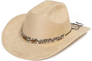 YOUBADU Faux Suede Felt Western Cowboy Hat for Women or Men, Wide Brim, Rivet Strap