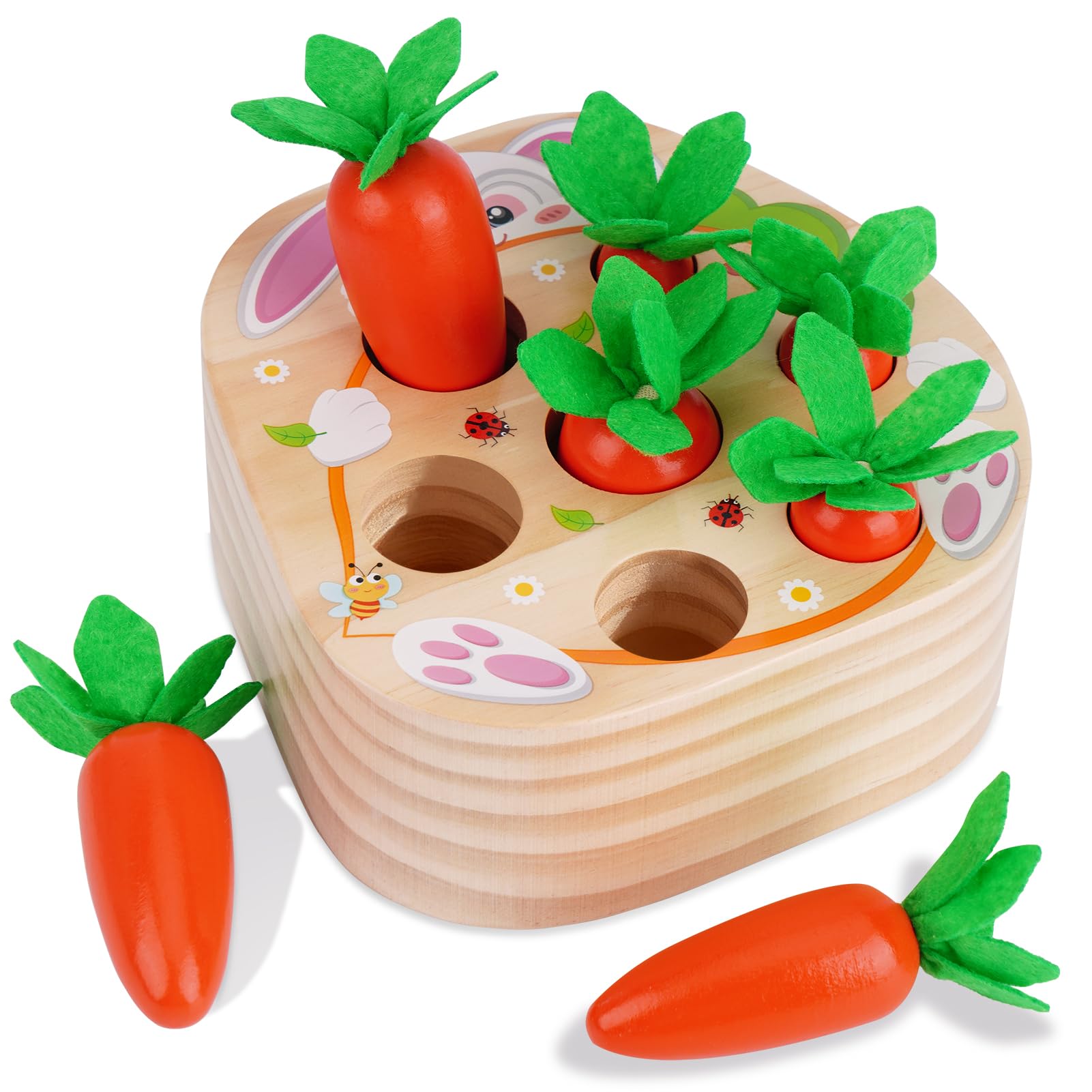 KMTJT Montessori Toys for 1 2 3 Year Old Toddlers, Rabbit Carrot Harvest Game Wooden Toys for 12-18 Months Baby Boys and Girls, Shape Sorting Matching 1st Birthday Easter Gifts for Babies 1-3 (Red) — image 1