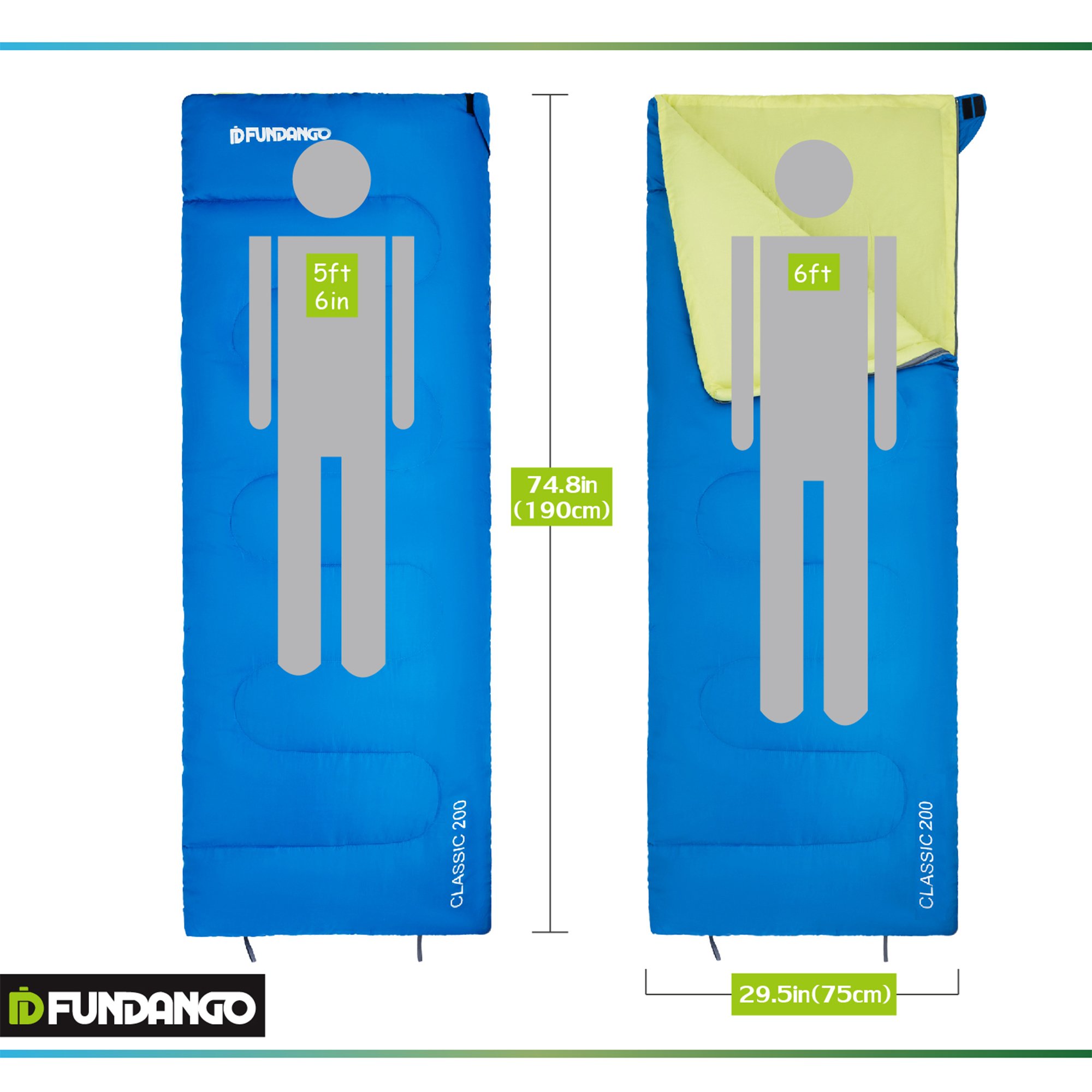 FUNDANGO Envelope Adult Sleeping Bag 37 Degree F/ 55.4 Degree F Lightweight with Compressed Sack