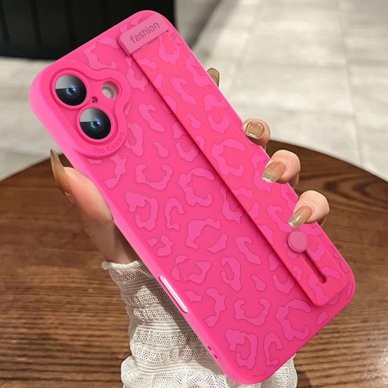 MOWIME Compatible with iPhone 16 Case with Strap Wrist, Cheetah Print Shockproof Soft TPU Protective Case for Women Girls, Slim Anti Scratch Case for iPhone 16 6.1 Inch, Hot Pink