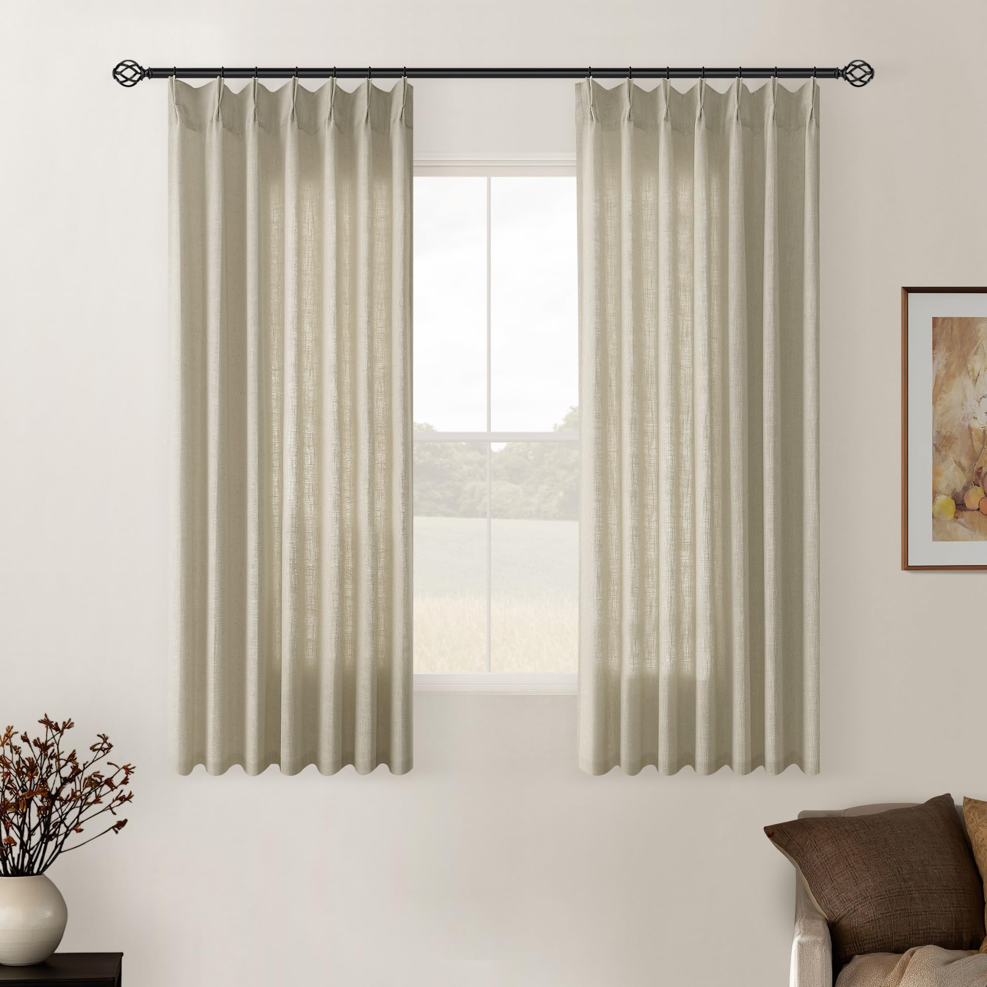 Khaki Beige Linen Curtains 45 Inch Length 2 Panel Set for Small Windows Rustic Country Linen Cotton Light Filtering Drapes Privacy Pinch Pleated Back Tab Semi Sheer Kitchen Curtains 45 Inches Long Image