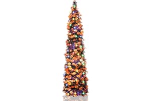 Halloween Pumpkin Tree with 50 Lights,5ft Pop Up Pencil Collapsible Tinsel Halloween Christmas Trees Decorations Indoor for Home Door Porch Bedroom Decor Holiday Party,WOKEISE