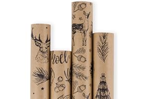 RUSPEPA Christmas Wrapping paper - Brown Kraft Paper with Black Christmas Elements Print Paper - 4 Roll-30Inch X 10Feet Per Roll