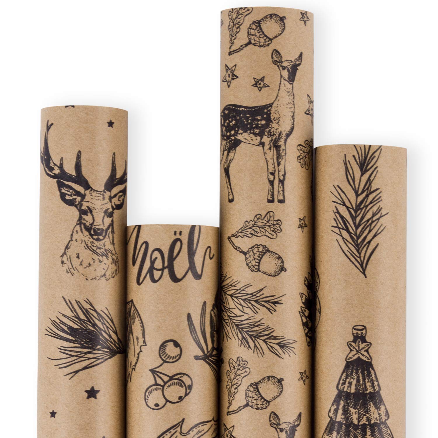 RUSPEPA Christmas Wrapping Paper Roll - Brown Kraft Paper with Black Christmas Elements Print - 4 Roll - 76cm X 305cm Per Roll