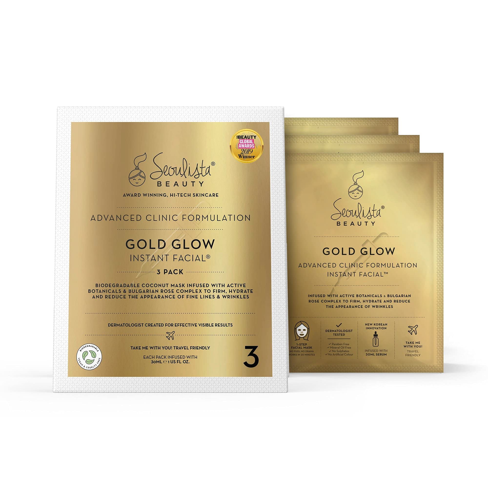 Seoulista Beauty Advanced Clinic Formulation Gold Glow Instant Facial 3 Pack - Anti-Ageing Face Mask -With Bulgarian Rose Oil, Vitamin C, Niacinamide - Dermatologist Created - Globally Award Winning โ image 1