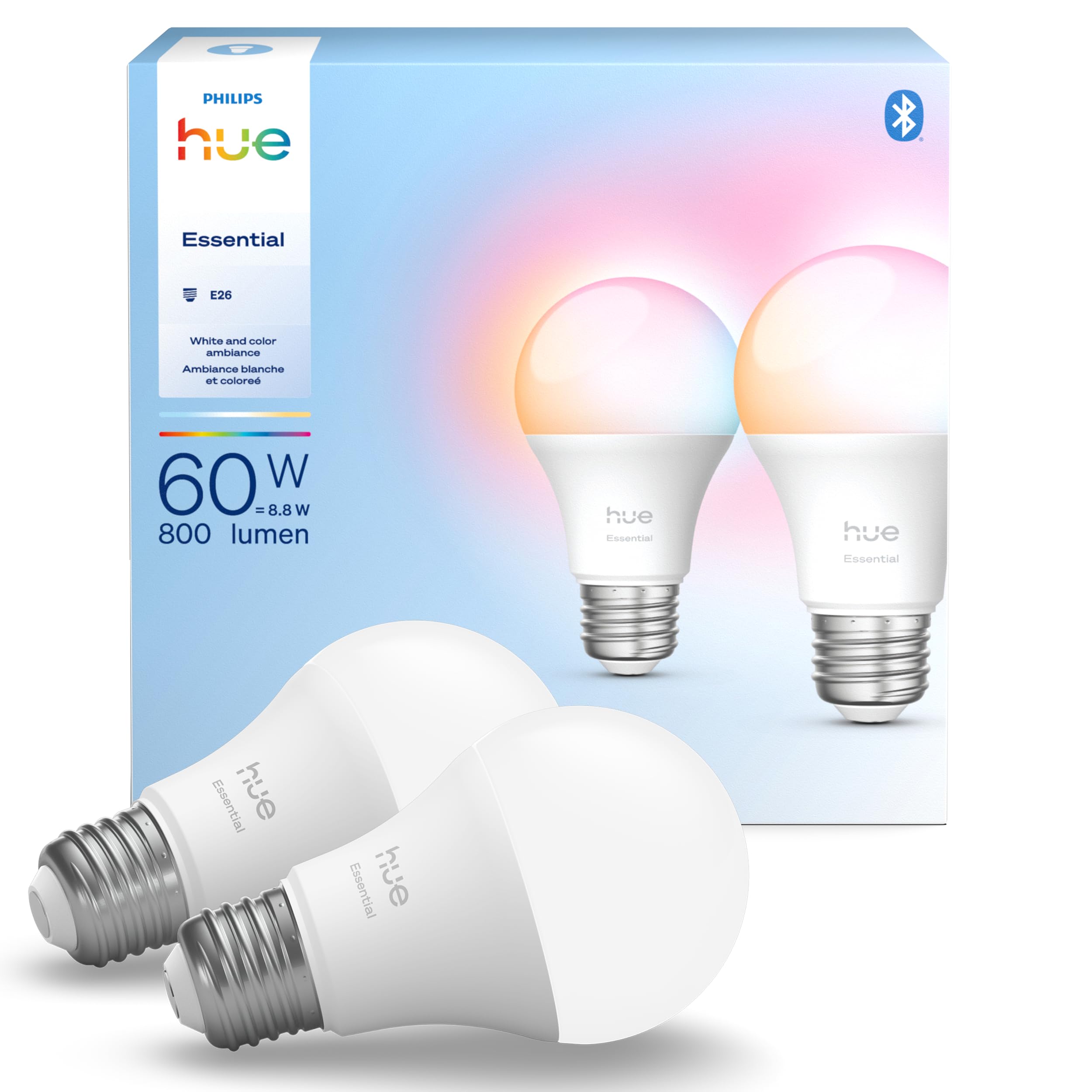 Photo 1 of ***MISSING PARTS***
Philips Hue Essential Smart LED A19 Bulb, White and Color Ambiance, E26 Base, 8.8W, 2200K-6500K, 800 Lumens, Dimmable, Works with Alexa, Google, and Apple Home, 2-Pack