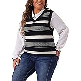Agnes Orinda Plus Size Sweaters for Women Sleeveless V Neck Striped Knit Casual Pullover Sweater Vests