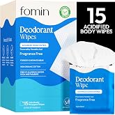 FOMIN Acidified Deodorant Wipes for Women &amp; Men - 15 Count Fragrance Free | pH Balanced Mini Deodorant Wipes, Travel Size - Plastic-Free, Individually Wrapped Underarm &amp; Body Wipes - Fits Any Bag