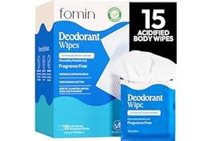 FOMIN Acidified Travel Deodorant Wipes For Women & Men - 15 Count - Fragrance Free - pH Balanced, Mini Deodorant Travel Size - Plastic-Free, Individually Wrapped Underarm Body Wipes