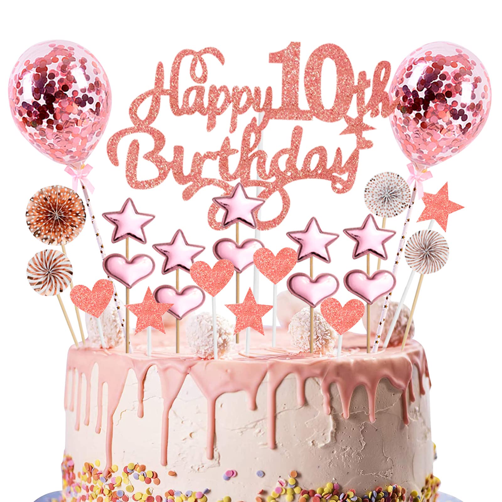 Happy Birthday Cake Topper 10th, 23pcs Rose Gold Glitter Happy 10th Birthday Cake Topper Kit with Star Heart Paper Fan Confetti Balloon, Cupcake Topper for Girls 10th Birthday Party Cake Decorations