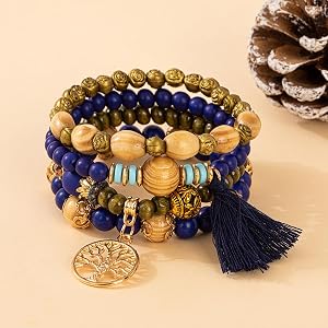 Bohemian Vintage Multicolor Wood Beaded Tassel Bracelet Kit – Handmade Turquoise Multilayer Elastic Bracelet for Women