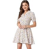 Allegra K Women's Button Up Short Sleeve A-Line Chiffon Vintage Floral Shirt Dress