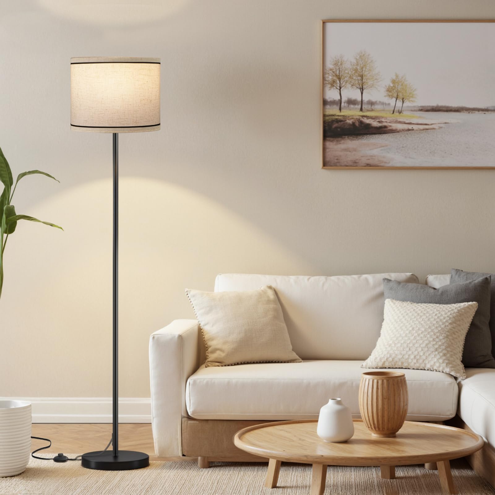 Ambimall 60'' Modern Floor Lamp with Shade, Tall Lamps for Living Room, Bedroom, Office, Dining Room, Beige Lampshade with Black Stripes(Without Bulb) Image