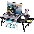 BIRDROCK HOME Bamboo Wood Lap Tray with Foldout Legs, Storage Drawer, Fits Laptops Up to 17", Tablet and Phone Slot, Laptop Table for Sitting or Standing, Work from Home, Workstation - Espresso