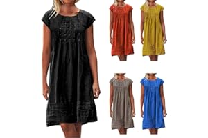 ZunFeo Women's Summer Linen Dress Crewneck Short Sleeve Tshirt Dress Empire Waist Smocked Flow Boho Beach Sundress Petite