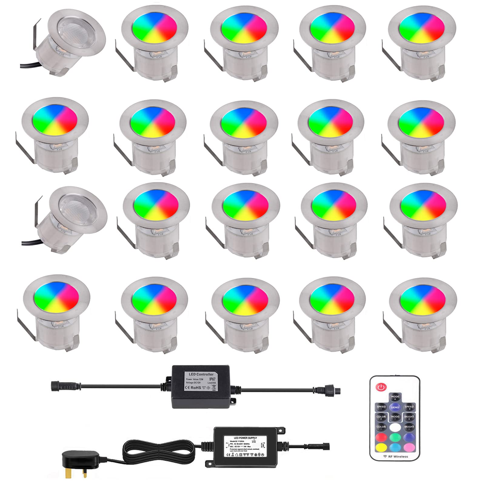 YZGWZLD RGB LED Decking Light, Waterproof Plinth Deck Lights,20 Packs Ø30mm High Brightness Buried Garden Light for Decking Lighting, Kitchen Plinths, Bathroom Lights, Saunas