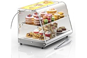 PYY Bakery Display Case with Light - 22in Cake Display Case with 3500K Light, 2-Layer Acrylic Countertop Stainless Steel Shelves & Base, 2 Lift-up Doors Commercial Food Display Cabinet for Dessert