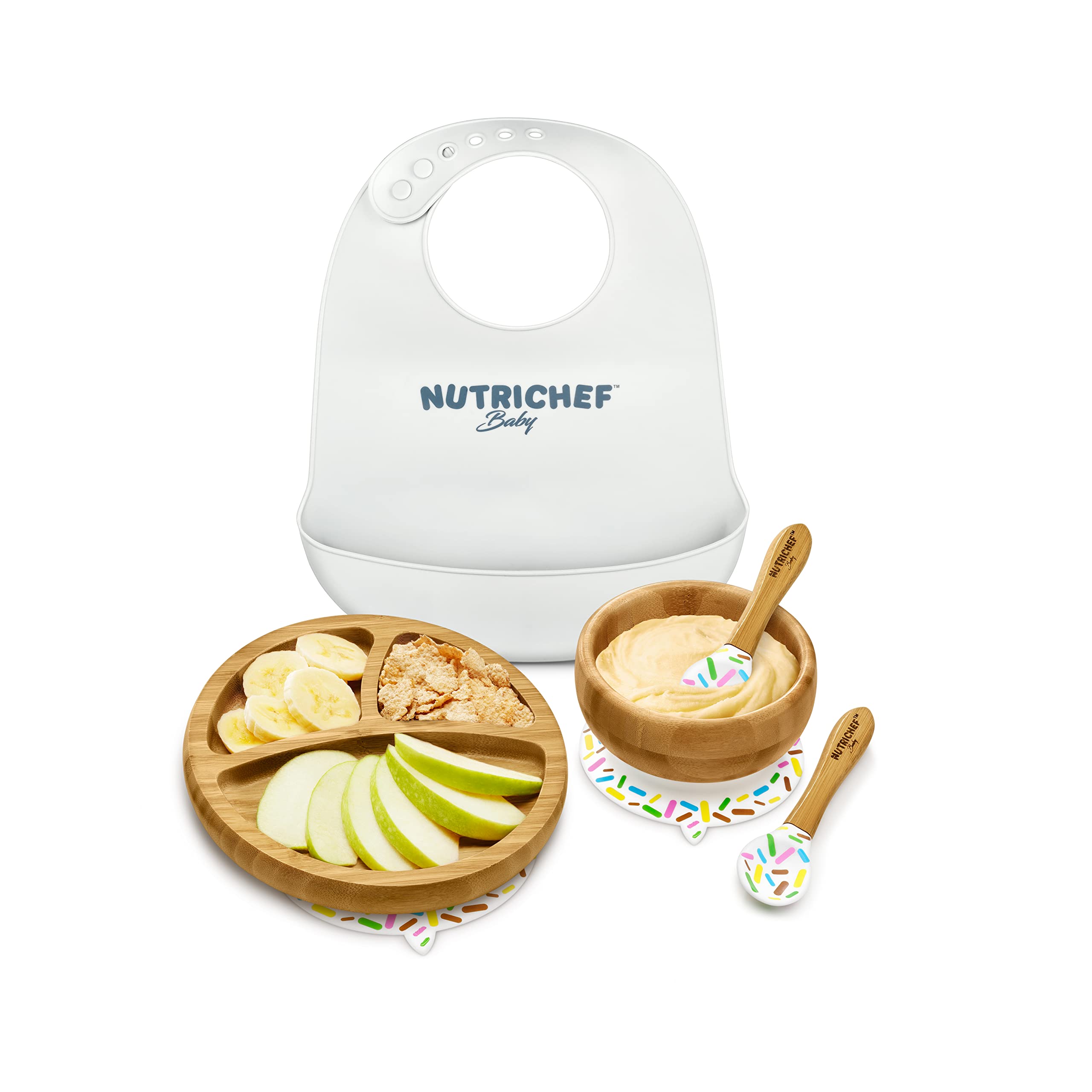NutriChef Baby and Toddler, 3 compartment plate, bowl, and spoon feeding set- silicon suction, Non-toxic all natural Bamboo baby food plate with silicon bib