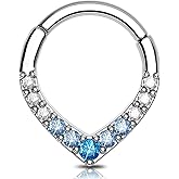 OUFER Septum Rings 16G, V-Shaped Septum Piercing Jewelry, 316L Surgical Steel Silver Septum Jewelry, Blue Gradient Shiny CZ Daith Helix Cartilage Earrings For Women