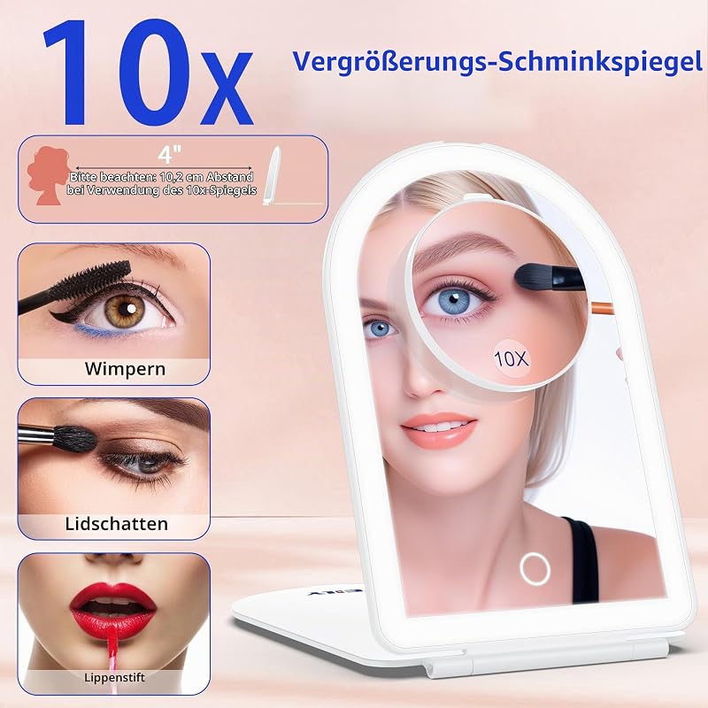 Schminkspiegel mit Beleuchtung, 10-Fach Vergrößerungsspiegel, Kosmetikspiegel mit LED Licht & Berührungssensor, Ultraheller Spiegel mit Beleuchtung für Bad, USB/Batteriebetrieb