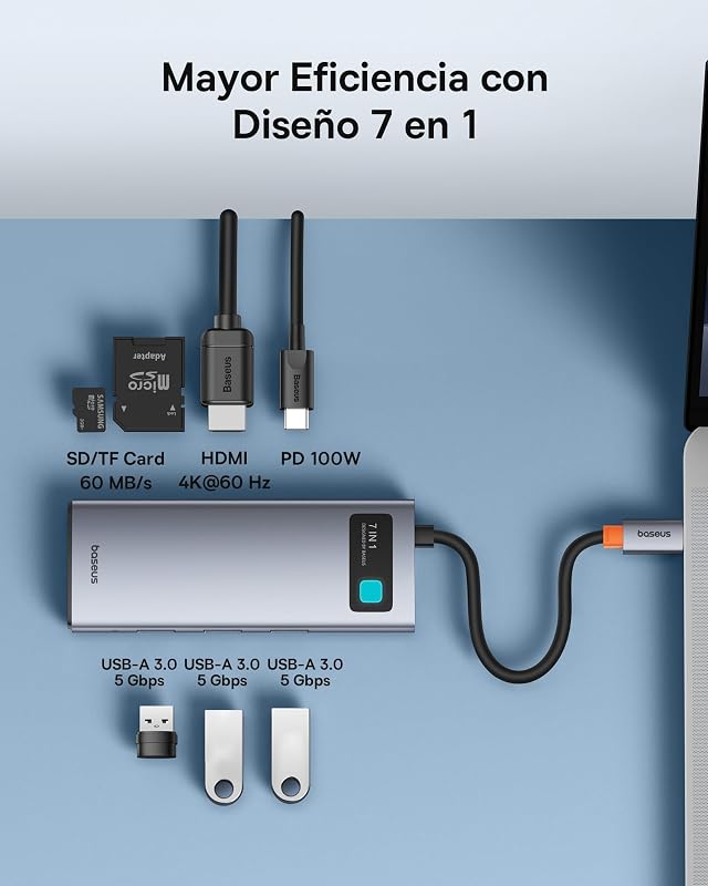 Hub USB C 7 en 1 Adaptador con HDMI 4K@60Hz, PD 100W, 3 USB-A 3.0 5Gbps, Lector de Tarjetas SD/TF, Docking Station para Portátil Compatible con Windows/Mac/iPad/Steam Deck/Rog Ally