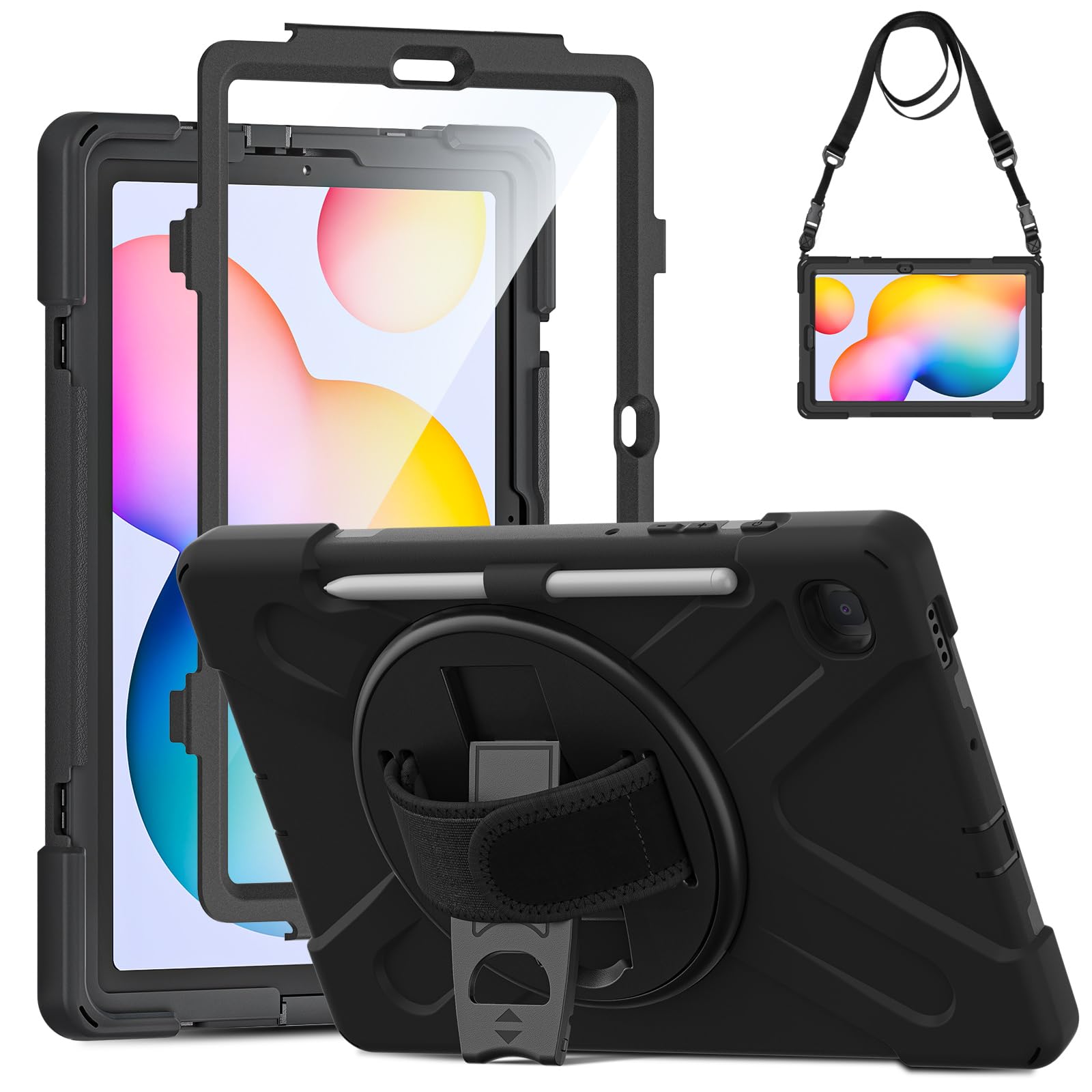 Gerutek for Galaxy Tab S6 lite 10.4" 2024/2022/2020 Case,Full Body Shockproof Rugged Case with [Screen Protector][360 Rotating Stand,Hand/Carry Strap] Drop Proof Cover for Samsung Tab S6 lite,Black — image 1