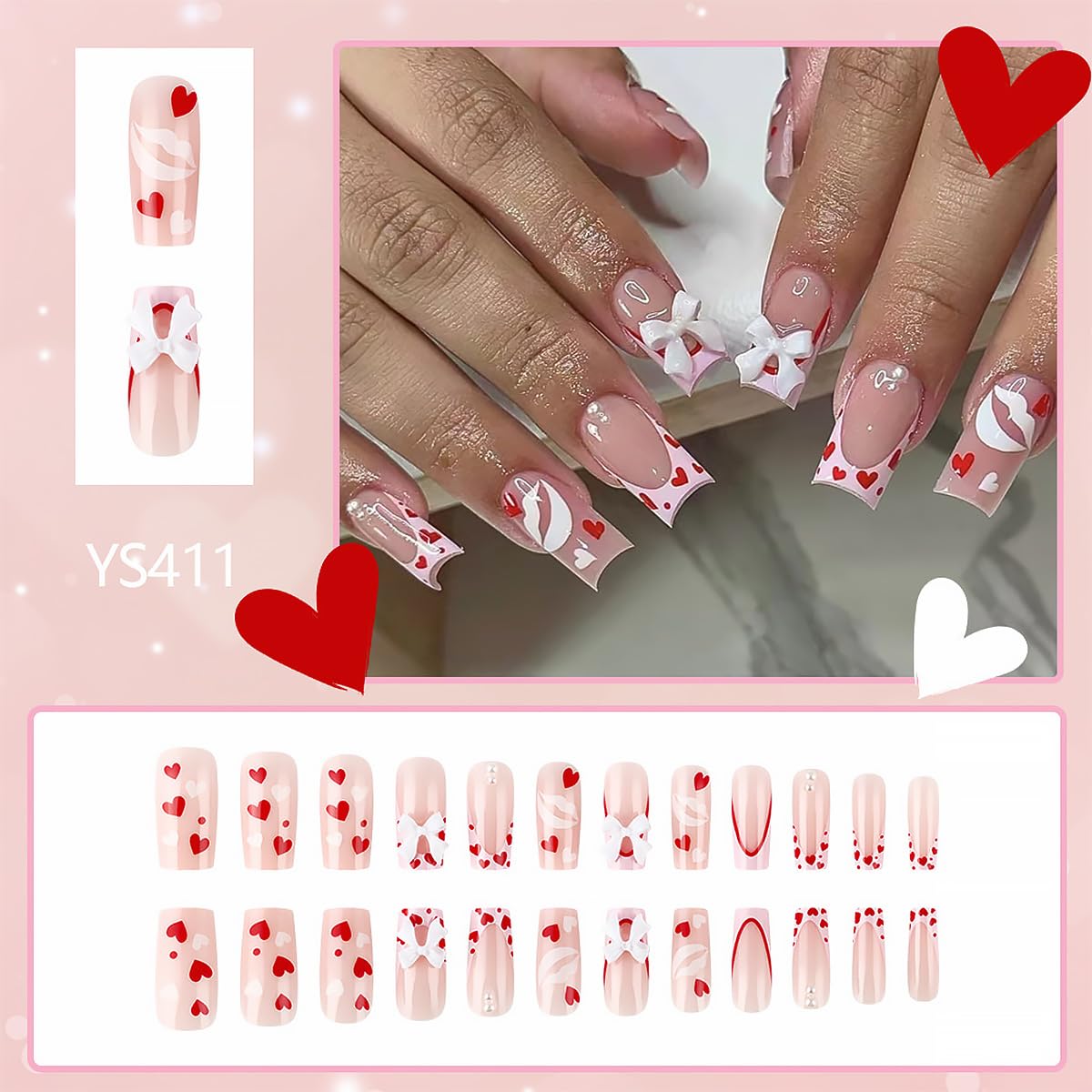 24Pcs Valentine's Day Press on Nails Medium Square Bow Fake Nails with White Bow Charms Design Red Heart False Nails Nude Pink Stick on Nails Full Cover Artificial Valentines Glue on Nails for Women - Image 2
