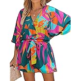 CUPSHE Women's Mini Romper Summer Beach Vacation Loose Fit Half Sleeve V Neck Resort Wear Tropical Holiday Short Jumpsuit