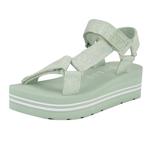 Guess Women's AVIN Wedge Sandal, Light Green/White Logo 330, 8.5