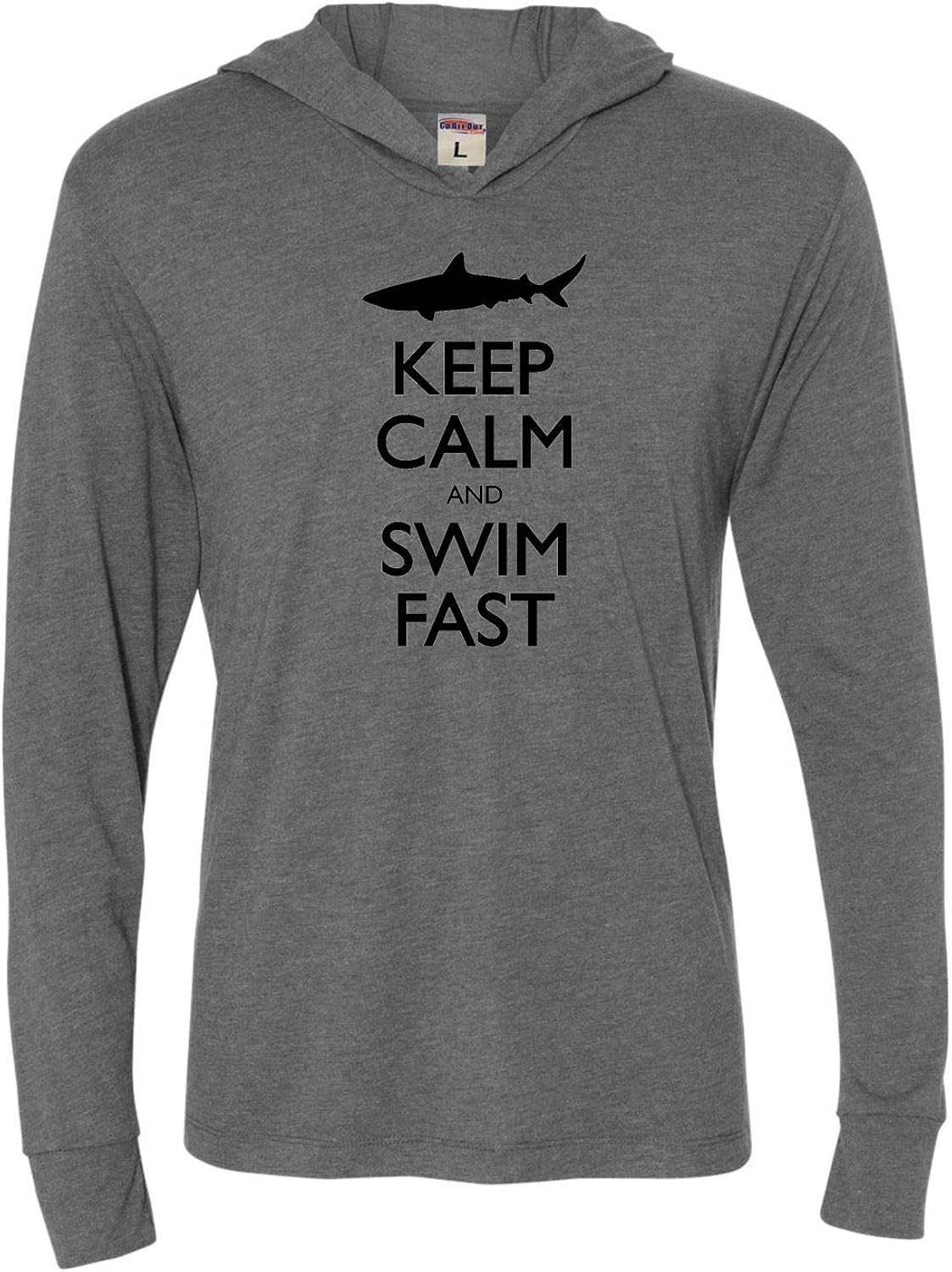 Go All Out Adult Keep Calm and Swim Fast Funny Shark Lovers Deluxe Triblend Hooded T-Shirt