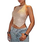MakeMeChic Women's Sequin Sparkly Halter Crop Tops Backless Hanky Hem Party Tank Clubwear