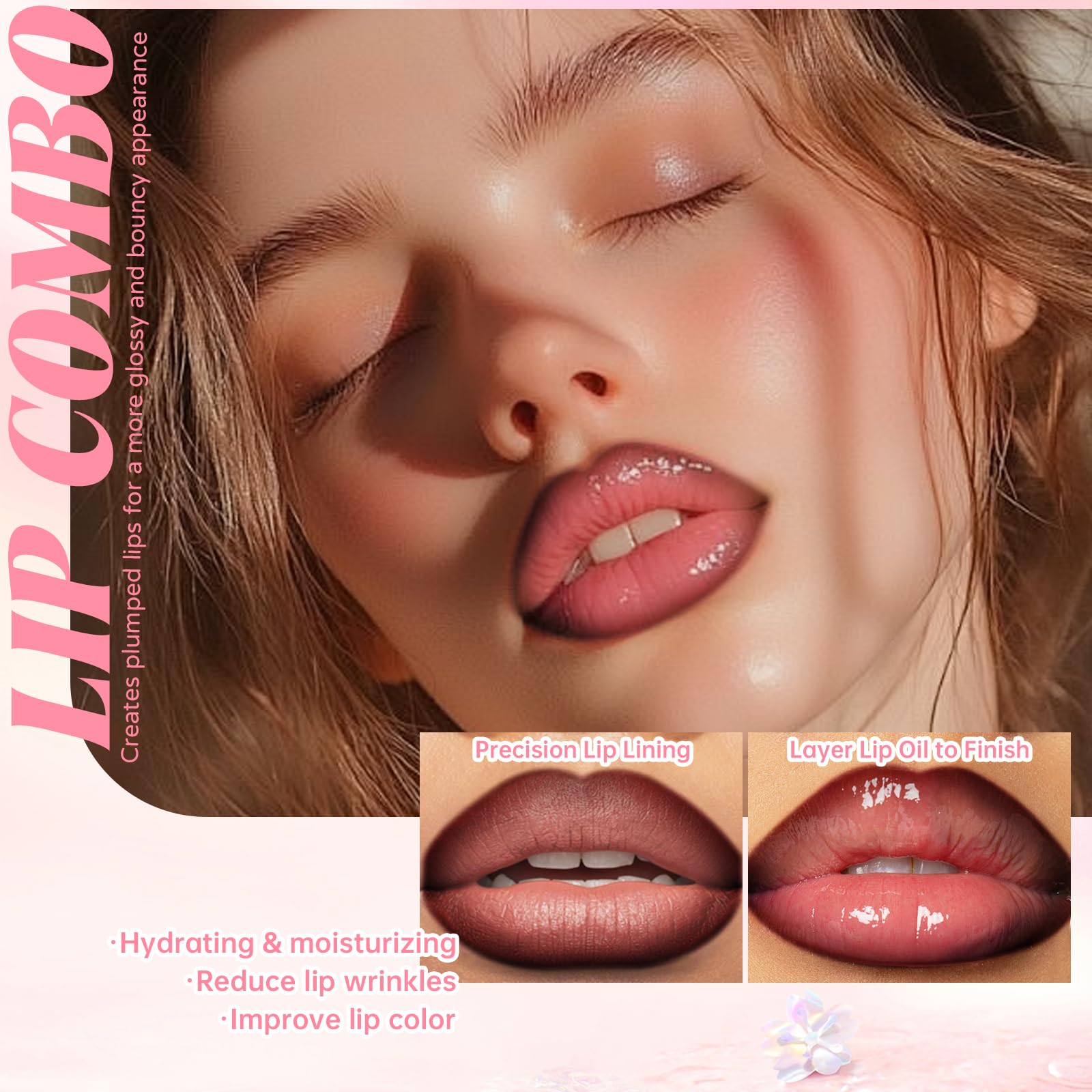 HOSAILY Nourishing Glowing Lip Oil with 2 in 1 Ombre Lip Liner Lipstick Set, Moisturizing High Shine Renewal Lip Gloss for Women, Smooth Long Wear Plumping Rose Pink Lip Tint Lip Crayon Combo Makeup