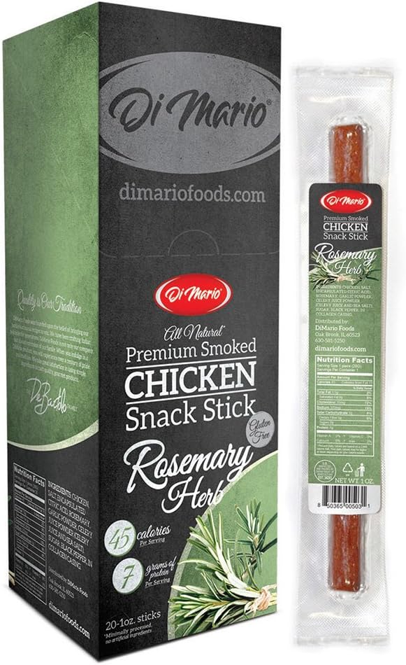 DiMario Artisanal Chicken Jerky Meat Snack Sticks, Keto, Whole30, Paleo, Low Carb, High Protein, Gluten Free, Nitrate Free, 0g Sugar, 45 Calories 1 Oz, Rosemary Herb 20 Pack