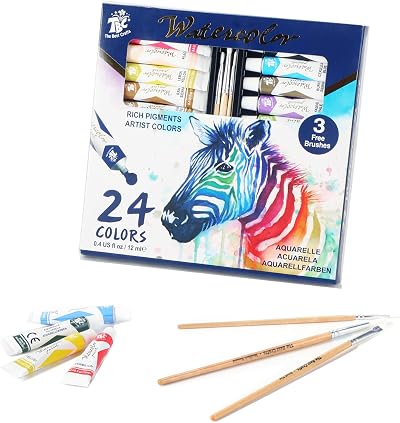 TBC The Best Crafts Watercolour Paint Set 24x12ml Tubes with 3 Brushes
