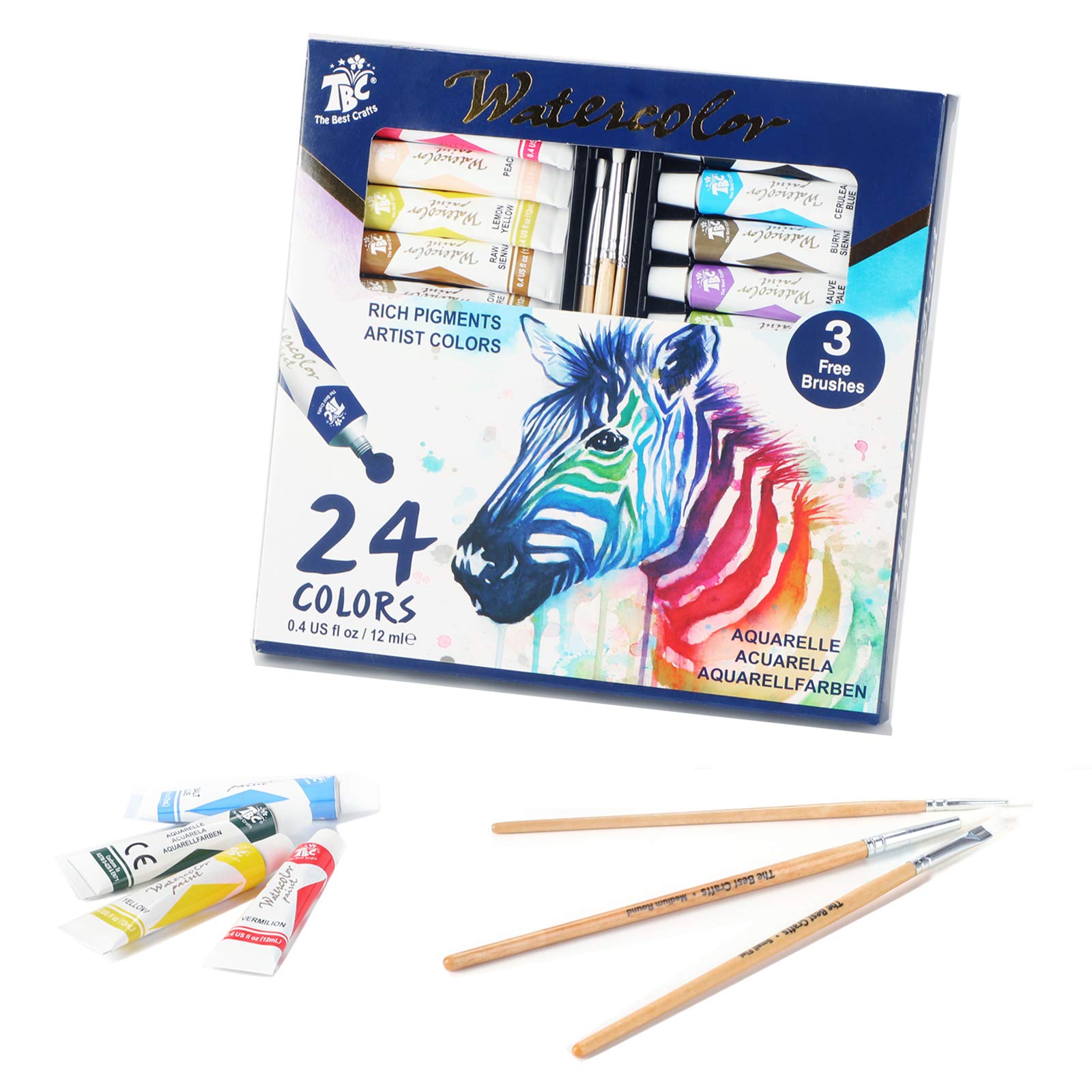 TBC Watercolour Paint Set, 24 x 12ml Water Colour Paints Tubes with 3 Paint Brush for Artists, Beginners, Students, Hobbyists, Adults