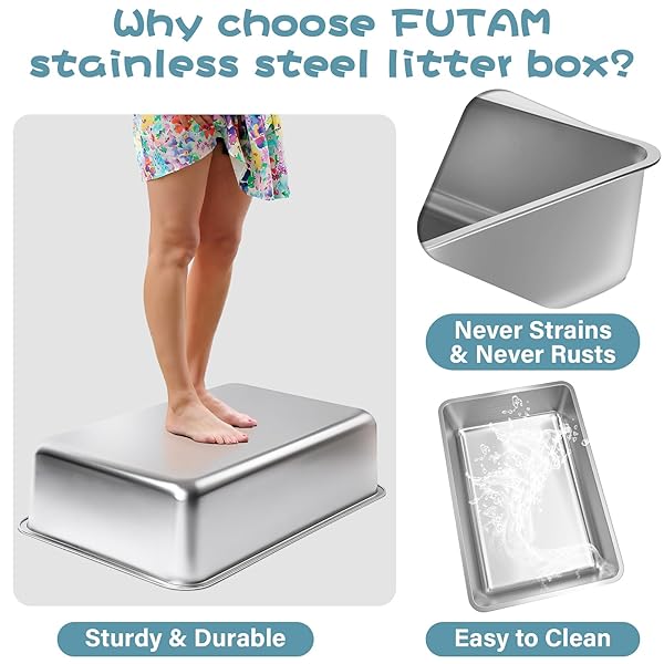 FUTAM STAINLESS STEEL LITTER BOX, 23.6“X15.7″X6″ DEEP STAINLESS STEEL CAT LITTER BOX EXTRA LARGE, XL METAL LITTERBOX FOR BIG CATS WITH HIGH SIDES, NON STICK SURFACE, EASY TO CLEAN