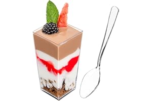 DLux 50 x 3 oz Mini Dessert Cups with Spoons, Square Tall - Clear Plastic Parfait Appetizer Cup - Small Reusable Serving Bowl