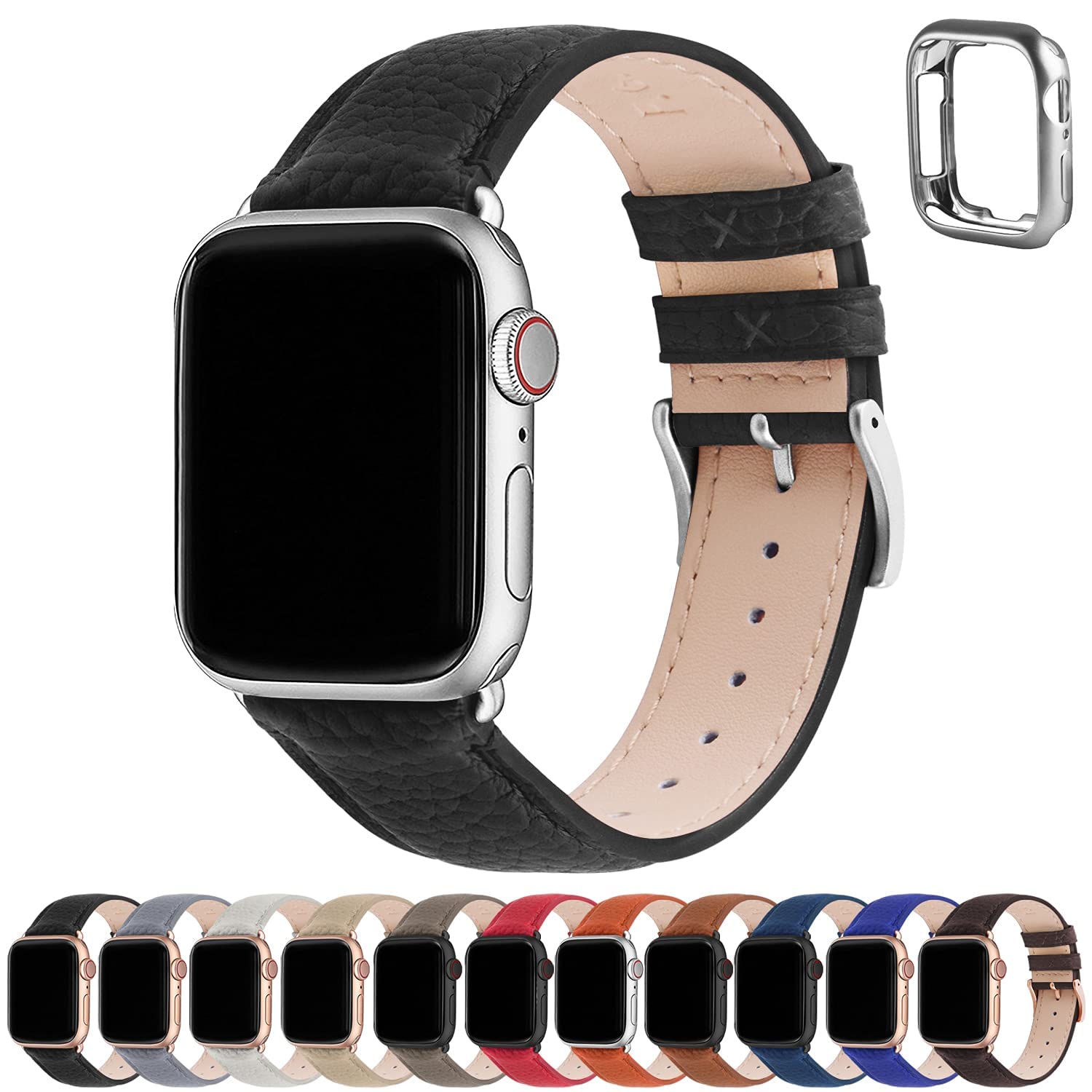 Fullmosa Compatible with Apple Watch Straps 40mm 42mm (Series 11/10) 41mm 38mm, Genuine Leather iWatch Bands for iWatch SE 3 2 1 Series 11 10 9 8 7 6 5 4 for Women Men, Noir Black+Silver Buckle
