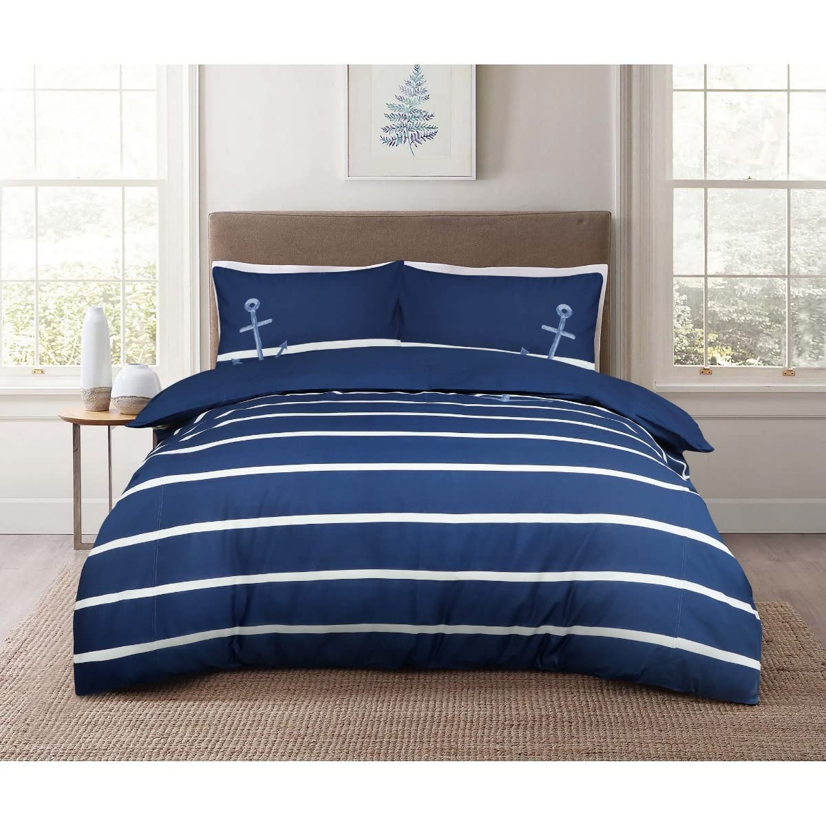 Sleepdown Sailor Striped Nautical Blue 100% Cotton Plain Reverse Duvet Cover Quilt Pillow Case Bedding Set Soft Easy Care - King (230cm x 200cm), Navy White Stripe