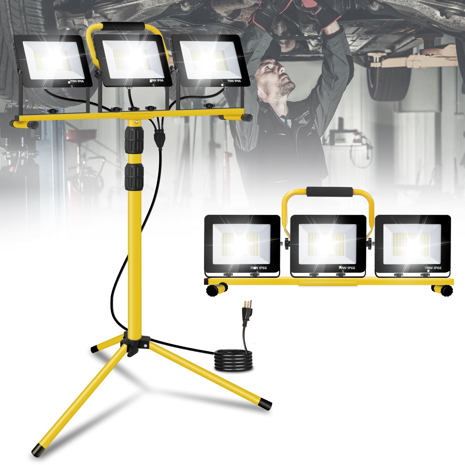 Photo 1 of JDZKOMKE 21000Lumens LED Work Lights with Stand, 3 Adjustable Work Lamp Head with Individual Switch, IP66 Waterproof Tripod Work Light for Outdoor Indoor Job Site Workshop Garage Construction Site